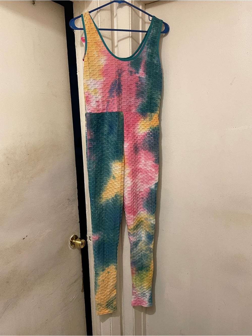 Tie-Dye Textured Jumpsuit in Pink, Teal & Yellow Size Large